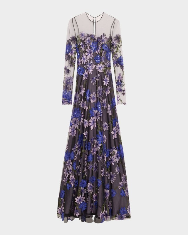 Floral-Embroidered Long-Sleeve Illusion Gown